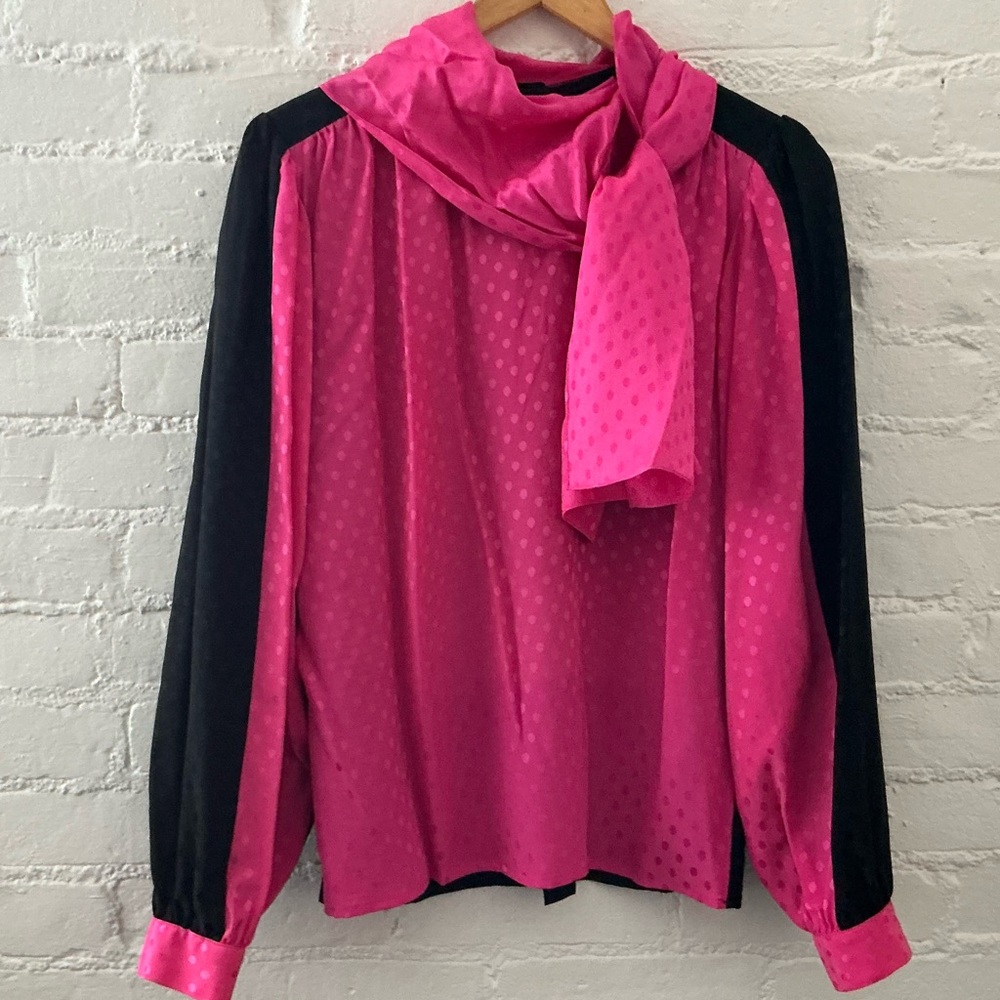 Vintage Jerri Sherman Blouse 100% Silk Pink Black Dot Print Attached Scarf